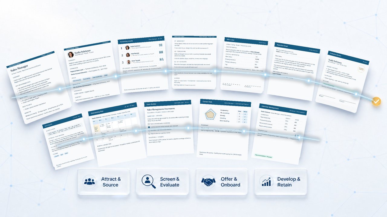 Twelve documents fanned across the frame and threaded by a line of light — a job description, a candidate CV, screening results with quoted evidence, interview questions, an offer letter, a rejection email, a probation review, a sourcing kit, an onboarding plan, an exam paper, a career-path radar and an interview scorecard — above four labels: Attract & Source, Screen & Evaluate, Offer & Onboard, Develop & Retain
