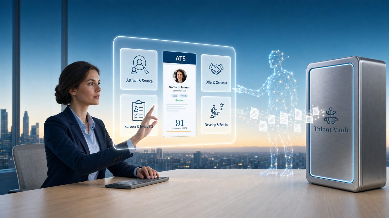 A woman at a modern desk touches a floating translucent screen showing four stages — Attract & Source, Screen & Evaluate, Offer & Onboard, Develop & Retain — around a central ATS panel with a candidate CV; beside her a figure drawn in lines of light passes documents from a steel Talent Vault cabinet bearing the Humanly Intelligent mark