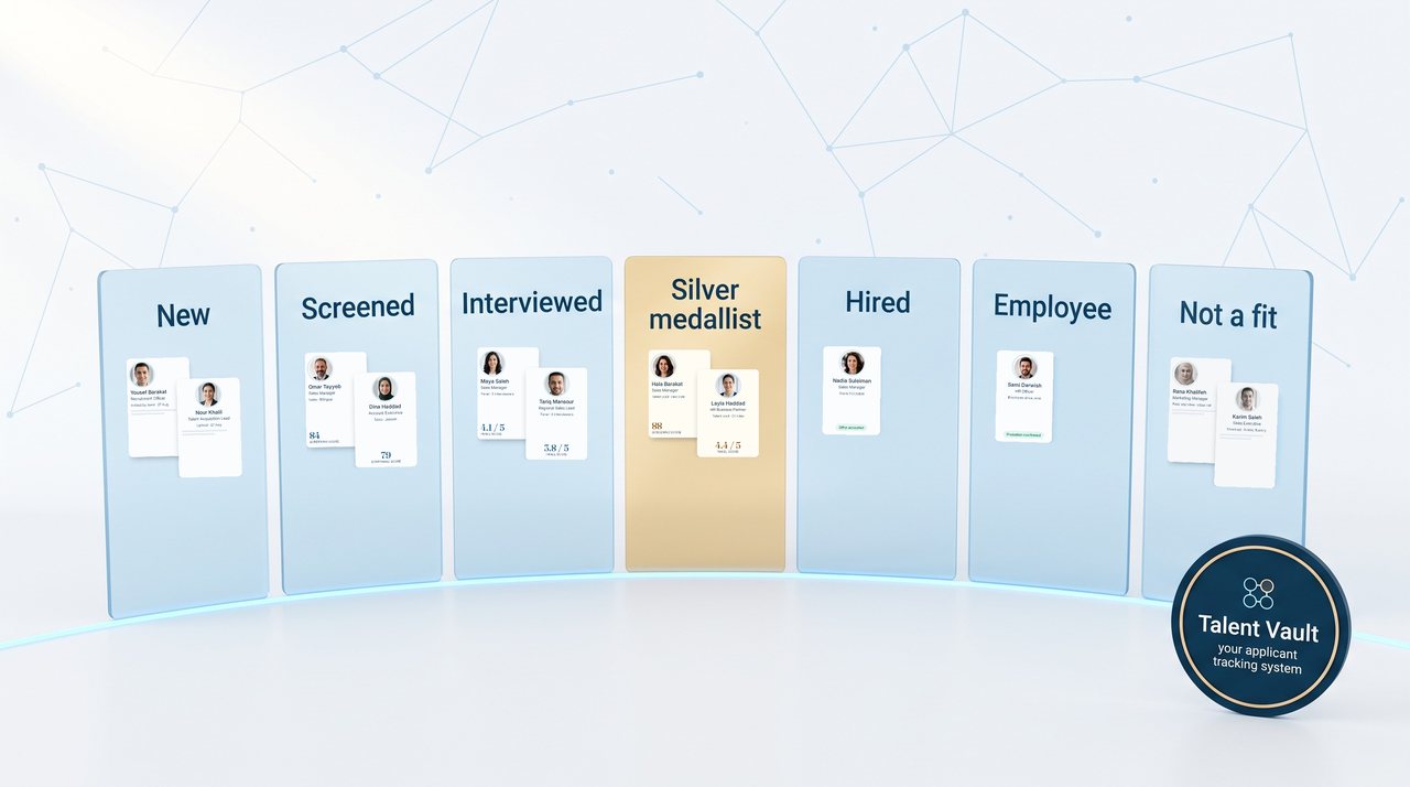 Seven frosted panels — New, Screened, Interviewed, Silver medallist in gold, Hired, Employee, Not a fit — each holding candidate cards with photos, names, roles and scores, beside the Talent Vault medallion
